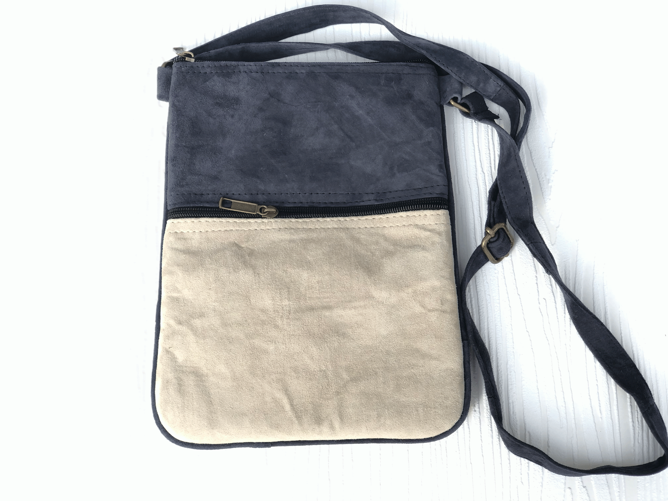 Suede Embroidered Grey and Navy Five Zipper Cross Body Bag