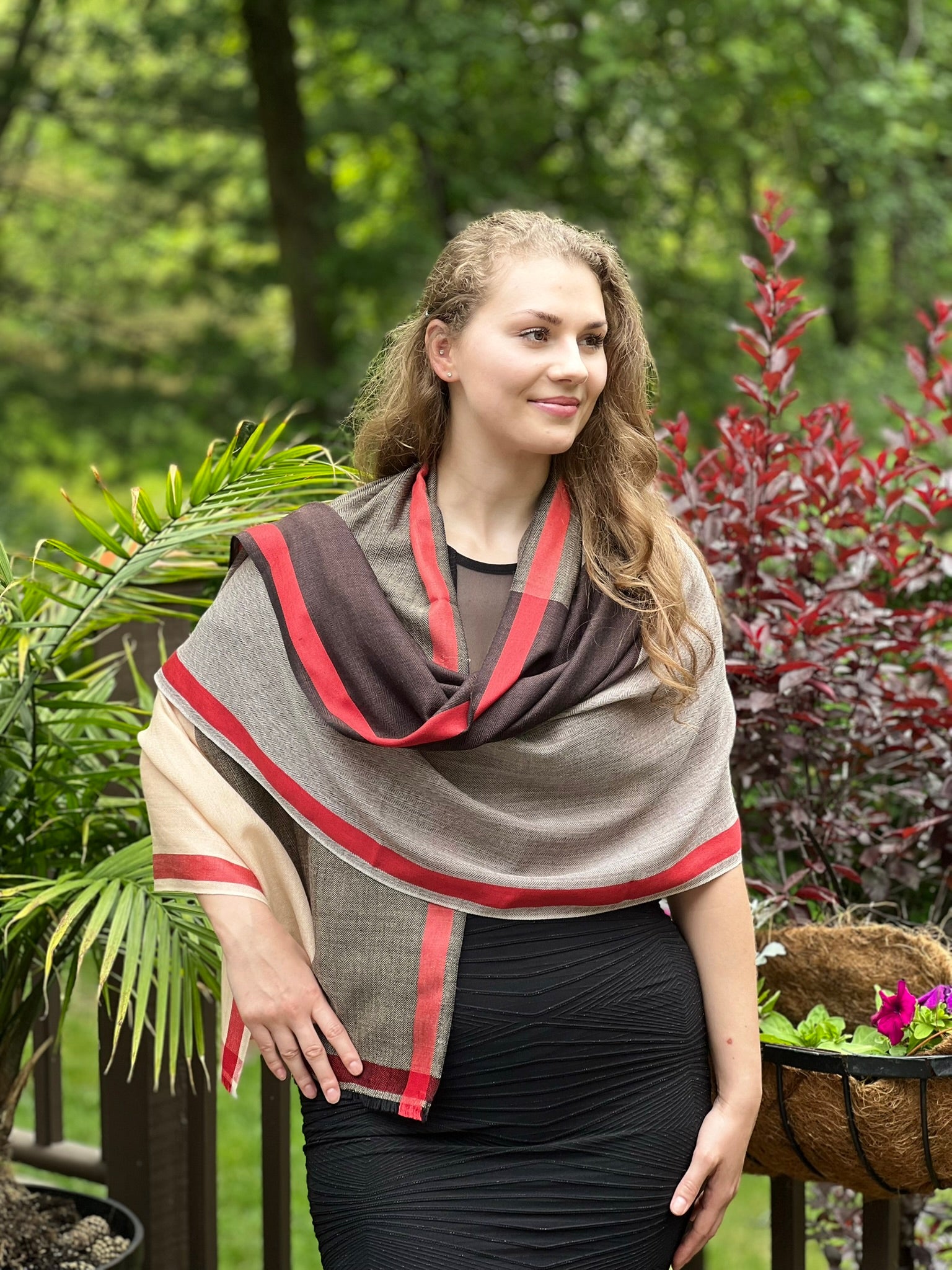 Brown Classic Plaid Herringbone Wool And Silk Scarf