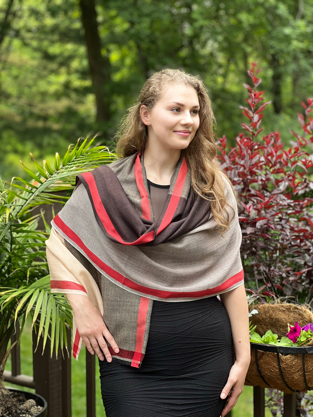 Brown Classic Plaid Herringbone Wool And Silk Scarf